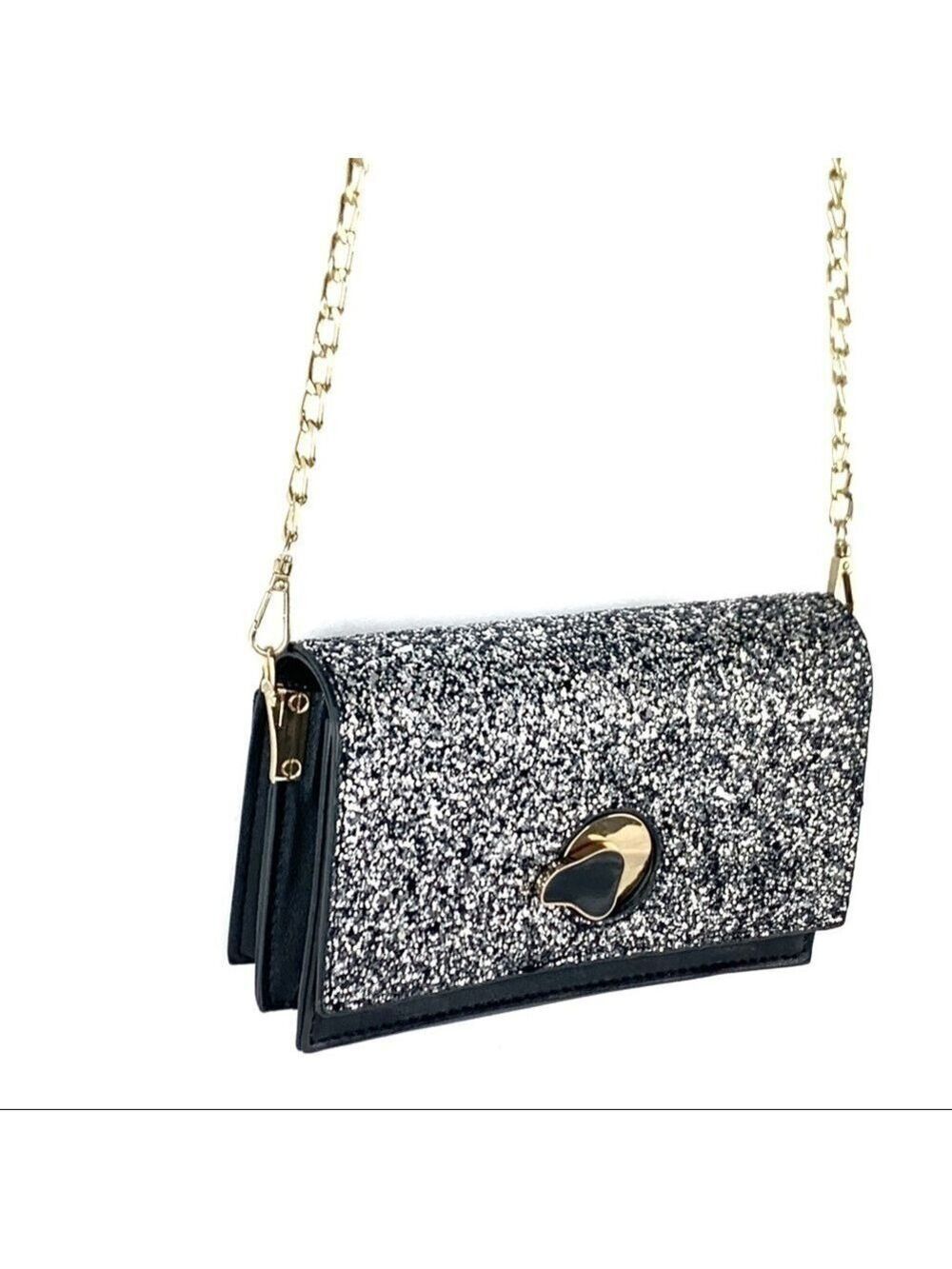 New- Shimmery Black & White Glitter Faux Leather Flap Party Crossbody Bag
